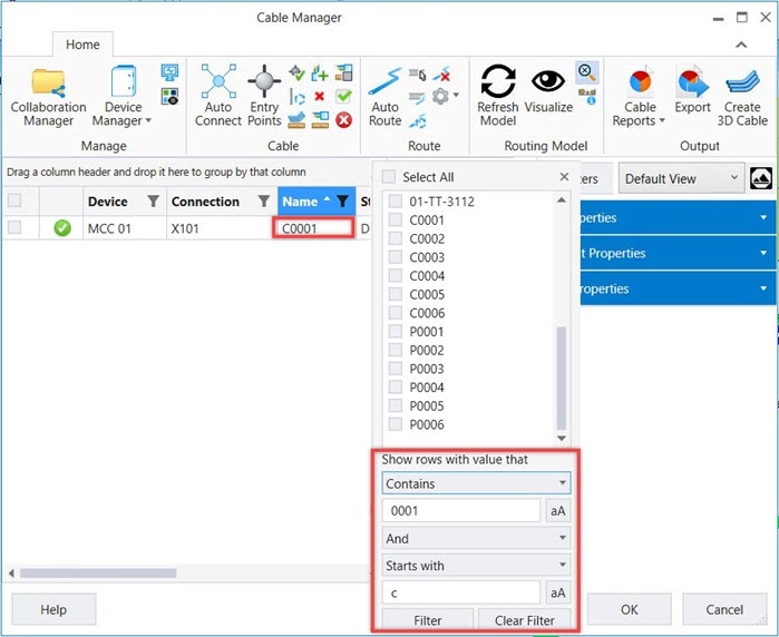 Filter the cables which contains the number 0001 AND Which starts with the letter C.
